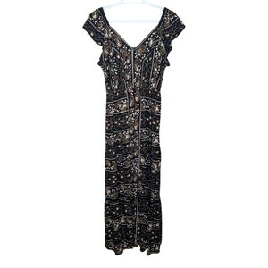 Angie Printed Boho Black Brown White Short Sleeve V Neck Maxi Dress Women Medium